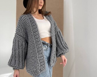 Balloon Sleeve Cardigan Pattern, DIY Knitting Tutorial for Gifts for Knitters, Chunky Knit Sweater Pattern for Winter Clothing