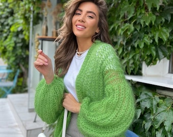 Green Oversized Cardigan, Knitted Mohair Bomber Jacket, Streetwear Light Coat, Shrug Bolero Wool Jacket, Women Mohair Sweater