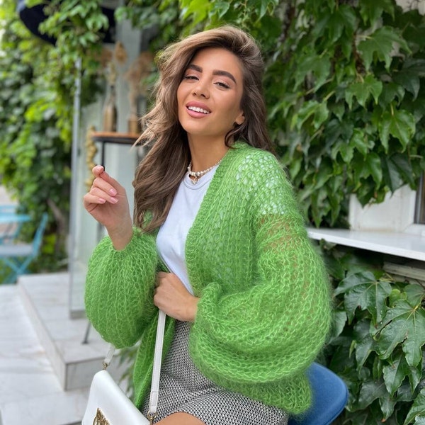 Grüner übergroßer Cardigan, gestrickte Mohair-Bomberjacke, leichter Streetwear-Mantel, Shrug-Bolero-Wolljacke, Damen-Mohairpullover