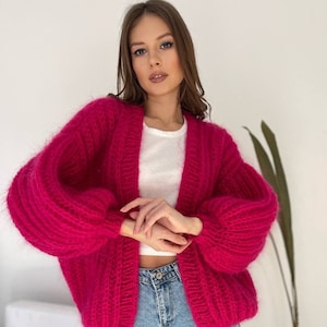 Women Knit Jacket, Chunky Wool Cardigan, Chunky Mohair Knit Cardigan, Oversized Handmade Fluffy Cardigan, Knitted Folklore Cardigan Sweater