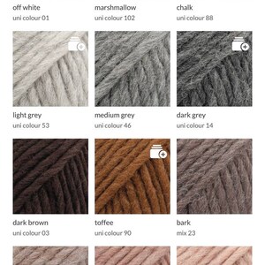 May include: A grid of twelve yarn samples in various neutral and earth tones. Colours include off white, marshmallow, chalk, light grey, medium grey, dark grey, dark brown, toffee, bark, nougat, clay, and powder. Each swatch displays its name and code.