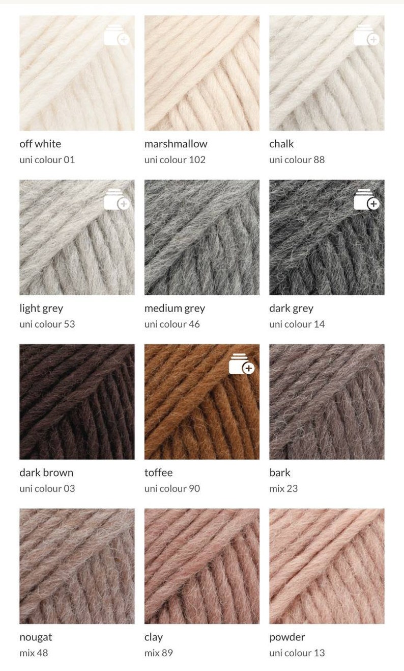 May include: A grid of twelve yarn samples in various neutral and earth tones. Colours include off white, marshmallow, chalk, light grey, medium grey, dark grey, dark brown, toffee, bark, nougat, clay, and powder. Each swatch displays its name and code.