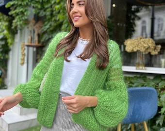 Green Oversized Cardigan, Knitted Mohair Bomber Jacket, Streetwear Light Coat, Shrug Bolero Wool Jacket, Women Mohair Sweater