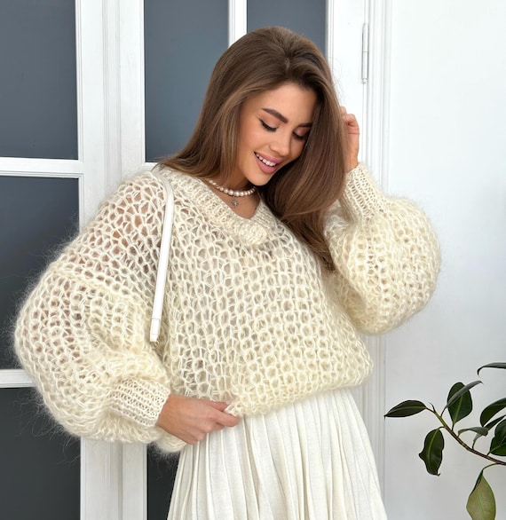 Loose Knit Sweater, Fluffy White Sweater, Chunky Knit Mohair
