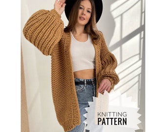 Chunky Knit Balloon Sleeve Cardigan Knitting Pattern Oversize Cardigan for Women Cable Sweater Pattern Gift for Her Etsy