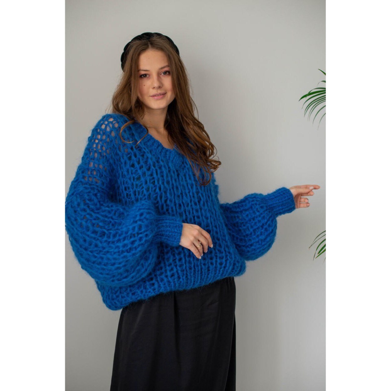 Women Cable Knit Sweater Blue Mohair Jumper Loose Knit -  Norway