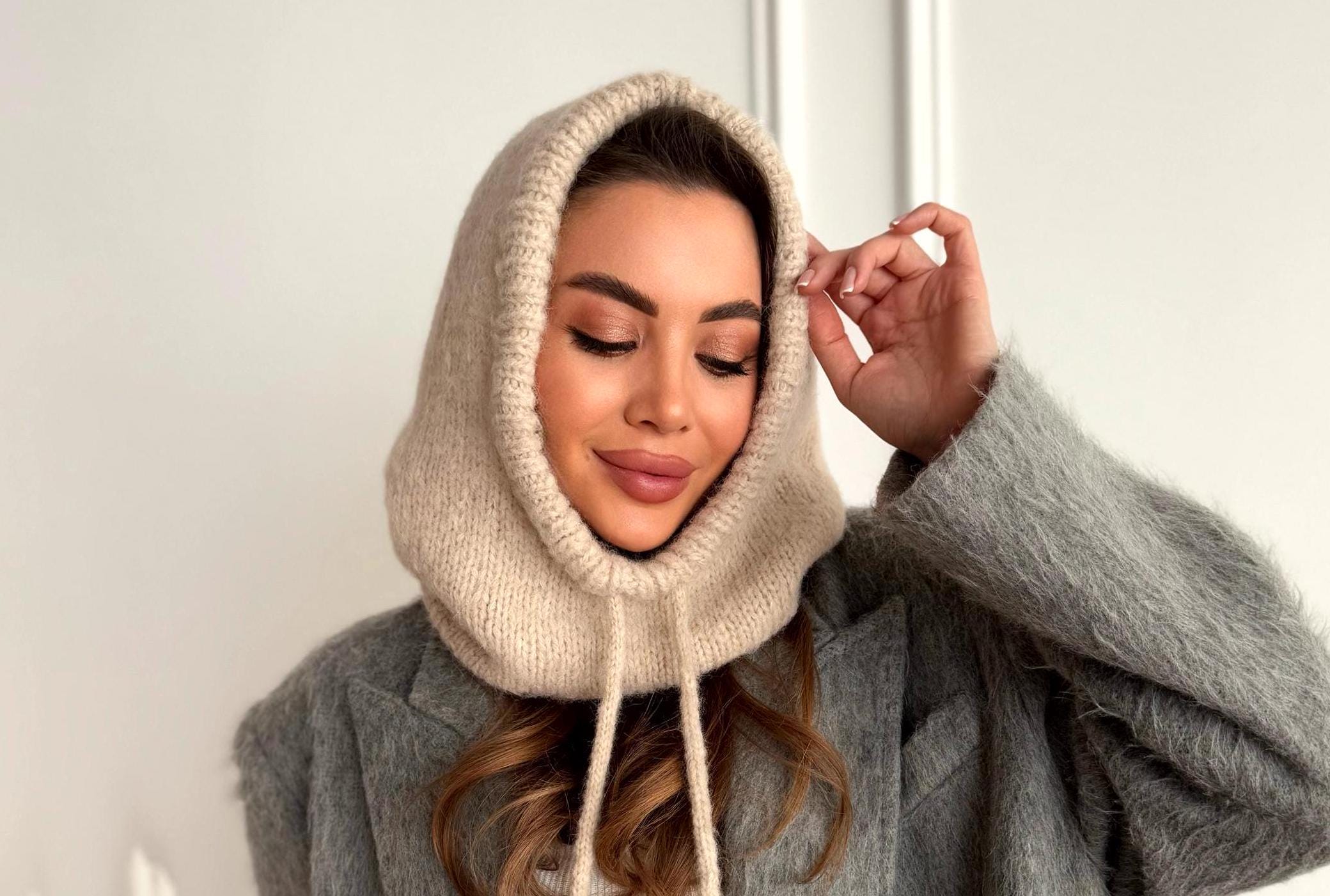 バラクラバ ニットフード、ウール フェイスカバー ハット、アルパカ