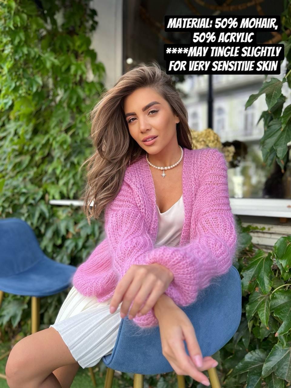 Pink Mohair Cropped Cardigan, Oversized Hand Knit Sweater for