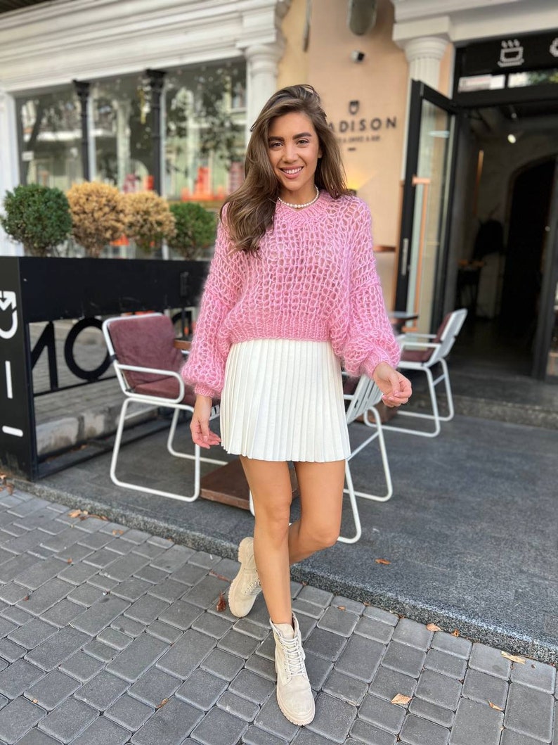 Chunky Knit Sweater, Oversized knitted sweater, Pink Mohair Sweater, Woman Hand Knit sweater, Winter pullover sweater, Mother in law Gift image 3