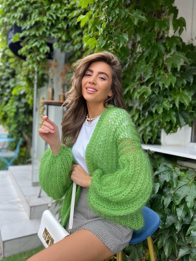 Green Oversized Cardigan, Knitted Mohair Bomber Jacket, Streetwear Light Coat, Shrug Bolero Wool Jacket, Women Mohair Sweater image 1