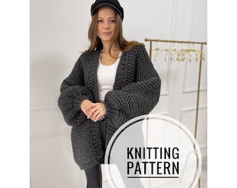 Chunky Knit Cardigan Knitting Pattern, Bishop sleeve Cardigan, Oversized Knit Cardigan  Women's Cardigan Pattern