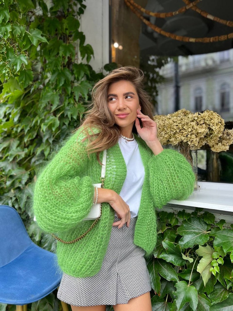 Green Oversized Cardigan, Knitted Mohair Bomber Jacket, Streetwear Light Coat, Shrug Bolero Wool Jacket, Women Mohair Sweater image 8