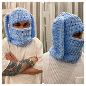 Men balaclava with ears, Winter hat ski mask, Handmade bunny balaclava, Crochet ski mask, Knit balaclava hood, Unisex balaclava