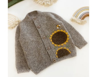 Knit baby cardigan, Sunflower clothes, Cozy Knit Embroidered kids Sweater, Flower Toddler Sweater, Baby Vintage Knit Cardigan