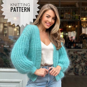 Chunky Mohair Cardigan Knitting Pattern, Oversized Knitted Bomber Jacket PATTERN, Hand Knitted Sweater Knitting Pattern, Cropped Cardigan