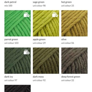 May include: A grid of ten yarn samples in various shades including dark petrol mix 100, sage green uni colour 98, hot green uni colour 25, parrot green uni colour 103, apple green uni colour 29, olive uni colour 06, dark ivy uni colour 97, dark moss uni colour 92, deep forest green uni colour 22, and black uni colour 02.