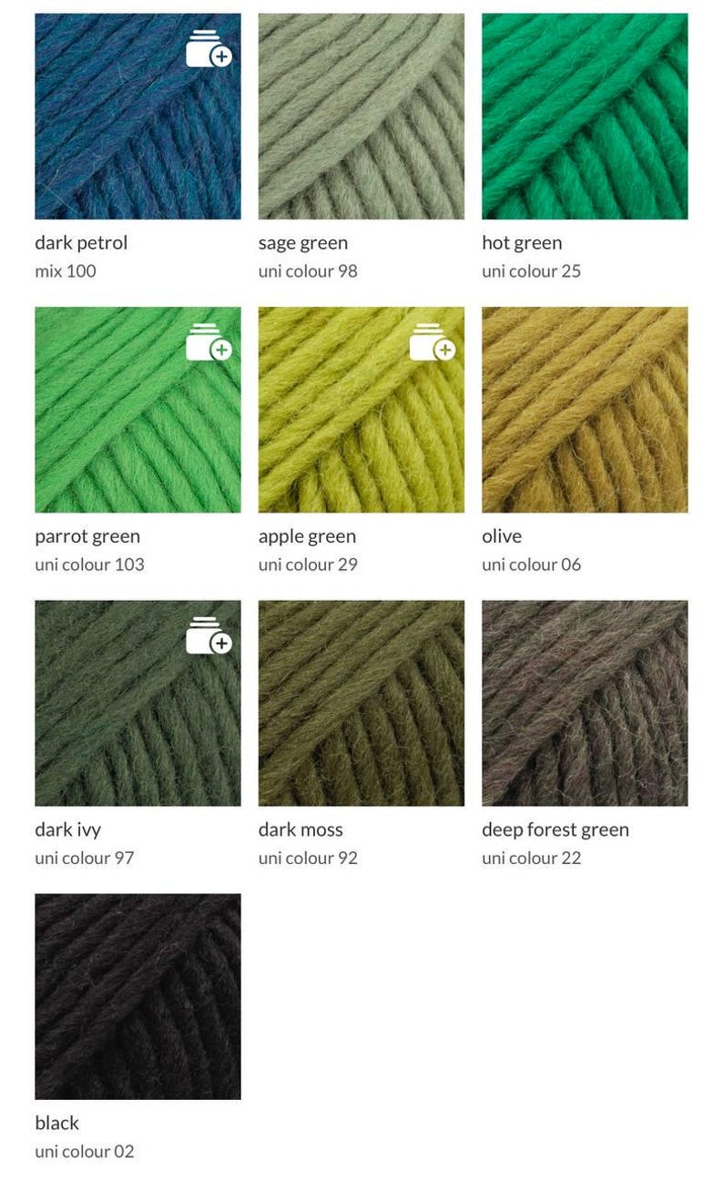 May include: A grid of ten yarn samples in various shades including dark petrol mix 100, sage green uni colour 98, hot green uni colour 25, parrot green uni colour 103, apple green uni colour 29, olive uni colour 06, dark ivy uni colour 97, dark moss uni colour 92, deep forest green uni colour 22, and black uni colour 02.