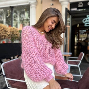 Chunky Knit Sweater, Oversized knitted sweater, Pink Mohair Sweater, Woman Hand Knit sweater, Winter pullover sweater, Mother in law Gift image 4