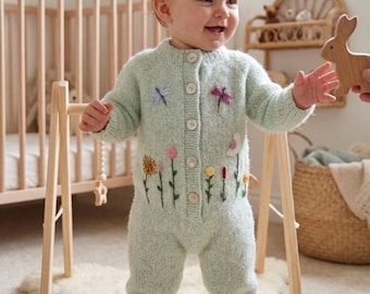 Pelele de bebé bordado con flores, conjunto de regalo para mamás primerizas, body de punto de alpaca hecho a mano.