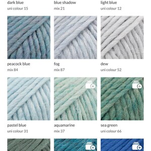 May include: A grid of twelve yarn samples in various shades of blue and green, including dark blue, blue shadow, light blue, peacock blue, fog, dew, pastel blue, aquamarine, sea green, north sea, petrol, and cobalt blue, each labelled with its colour name.