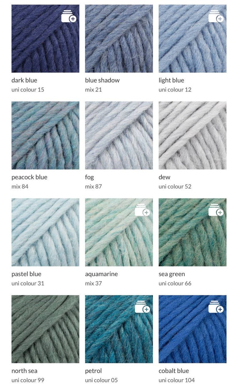 May include: A grid of twelve yarn samples in various shades of blue and green, including dark blue, blue shadow, light blue, peacock blue, fog, dew, pastel blue, aquamarine, sea green, north sea, petrol, and cobalt blue, each labelled with its colour name.