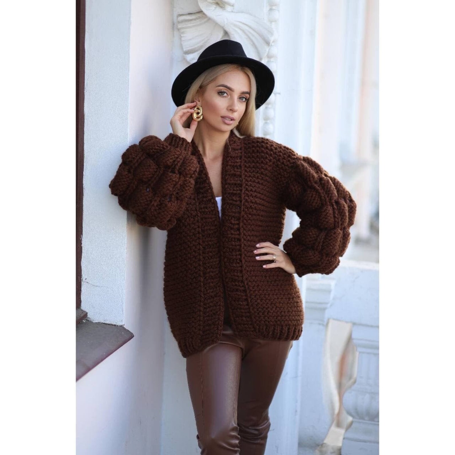 Bubble Cardigan Chunky knit cardigan Oversized Brown Etsy