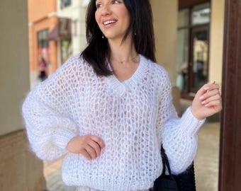 Oversized Mohair Sweater Chunky Bell Sleeve, Birthday Gift for Wife, Handknit Cozy Fall Wool Pullover