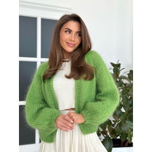 Cardigan épais en mohair, pull en tricot torsadé, cardigan en laine fait main, boléro court uni pour femme