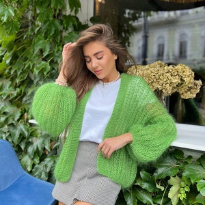 Green Oversized Cardigan, Knitted Mohair Bomber Jacket, Streetwear Light Coat, Shrug Bolero Wool Jacket, Women Mohair Sweater image 3