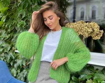 Grüne Mohair-Strickjacke, Übergroße Strickjacke, Leichte Strickjacke, Shrug Bolero Wolljacke, Frauen Mohair Pullover Mutter Tochter Geschenk