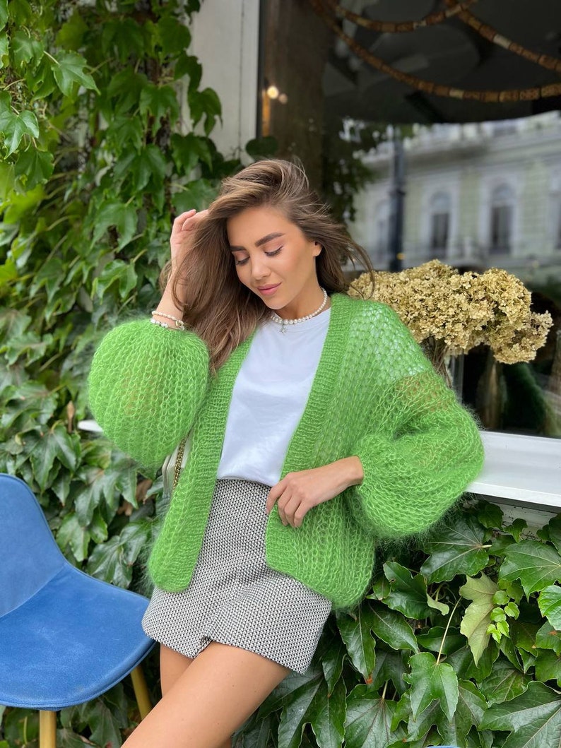 Green Oversized Cardigan, Knitted Mohair Bomber Jacket, Streetwear Light Coat, Shrug Bolero Wool Jacket, Women Mohair Sweater image 3