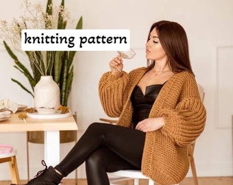 Long Chunky Knit Cardigan Pattern, Oversized Bubble Sleeve Sweater for DIY Knitters, Hand Knit Fall and Winter Jacket PDF