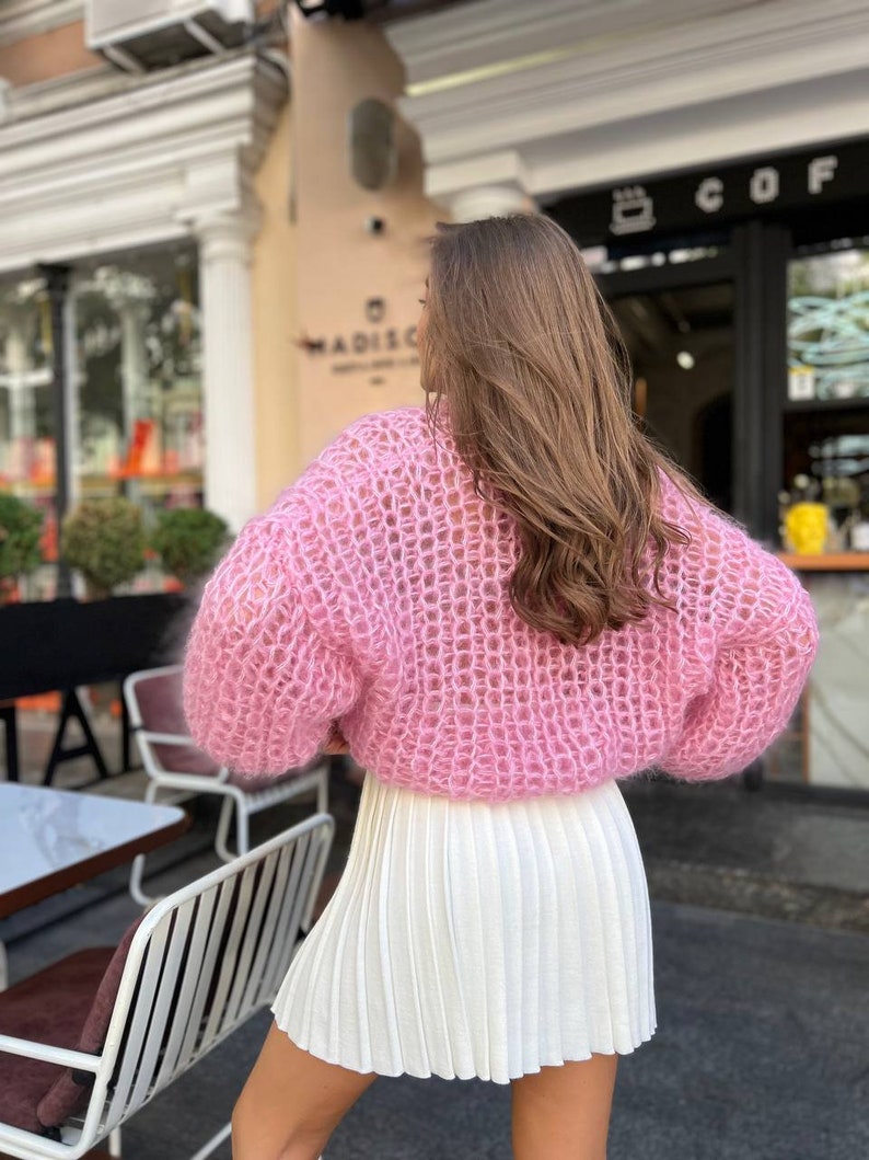 Chunky Knit Sweater, Oversized knitted sweater, Pink Mohair Sweater, Woman Hand Knit sweater, Winter pullover sweater, Mother in law Gift image 2