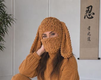 Pasamontañas para la cara, Pasamontañas de conejo hecho a mano, Gorro con orejas de conejo de crochet, Pasamontañas para snowboard, Gorro que cubre la cara