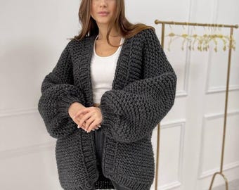 Oversized Chunky Cardigan Sweater, Cozy Handmade Knitwear for Winter and Gift for Yourself, Dark Cottagecore Folklore Style