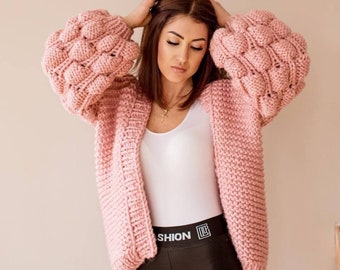 Chunky Knit Cardigan Pattern with Bubble Sleeves, DIY Knit Sweater Tutorial for Fall and Winter, Hand Knit Jacket PDF
