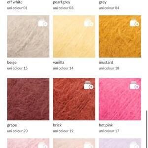 May include: A grid of twelve square swatches of fuzzy yarn in various colours, each labelled with a name and number. Colours include off white, pearl grey, grey, beige, vanilla, mustard, grape, brick, hot pink, powder pink, rosewater, and sweet orchid.