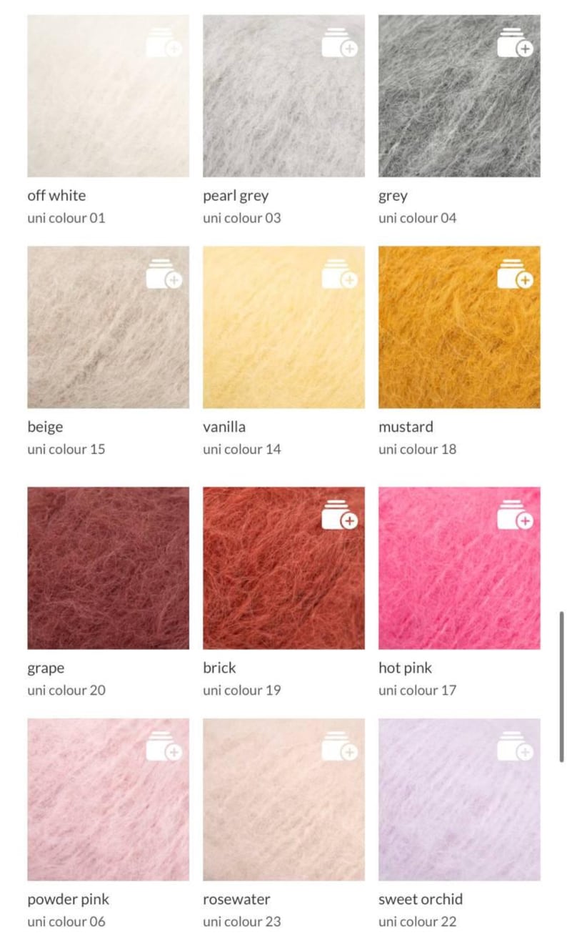 May include: A grid of twelve square swatches of fuzzy yarn in various colours, each labelled with a name and number. Colours include off white, pearl grey, grey, beige, vanilla, mustard, grape, brick, hot pink, powder pink, rosewater, and sweet orchid.
