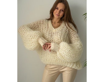 Suéter grueso, suéter de punto de gran tamaño, suéter de punto de cable, chaleco de suéter recortado, suéter de mujer hecho a mano - regalo de madre e hija