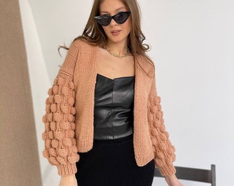 Chunky Cropped Knittted Cardigan, Wool Varsity Jacket Women, Cable Cardigan with Baloon Sleeve, Open Front Knit Bomber, Mother Daughter Gift