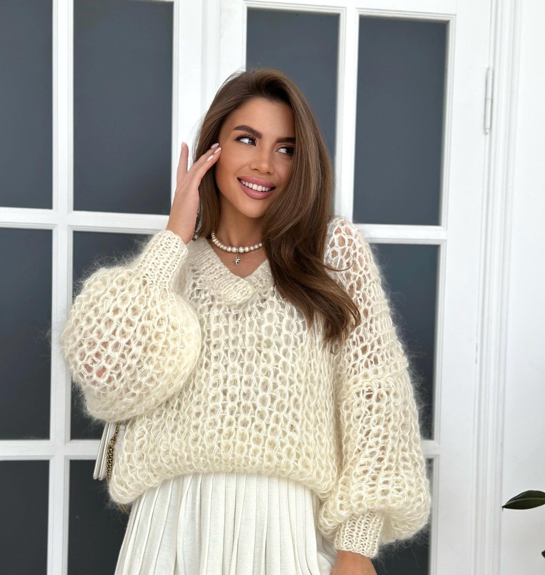 Cropped Wool Sweater, Cozy Chic Sweater, Lace Mohair Sweater