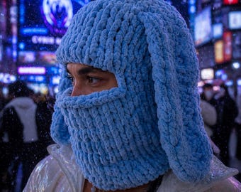 Bunny Balaclava Full Face Mask, Burning Man Outfit and Rave Mask for Men, Cyberpunk Clothing Winter Hat Gift for Him