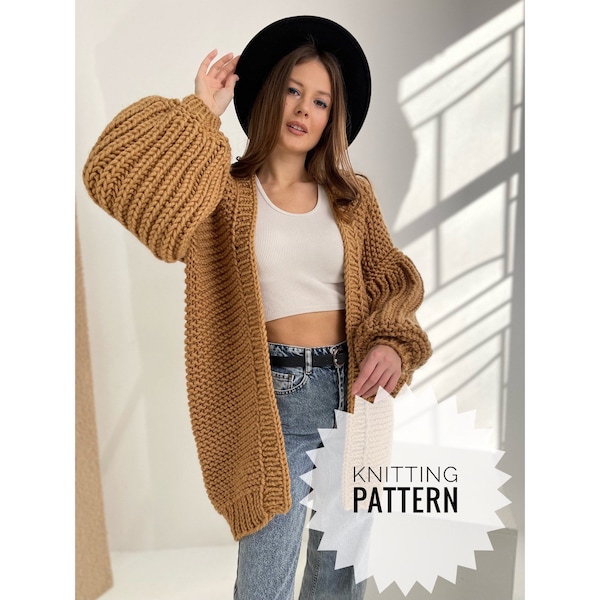 Chunky Knit Cardigan Knitting Pattern, Balloon Sleeve Cardigan, Oversized Knit Cardigan  Women's Cardigan Pattern