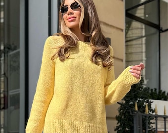 Yellow Oversized Sweater with Soft Knit Texture, Gift for Yourself and Cozy Fall Style, Handmade Alpaca Wool Jumper