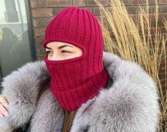 Knitted Balaclava Hood in Red, Winter Face Cover for Skiing and Hiking, Cozy Friend Gift for Women, Handmade Knit Full Face Mask