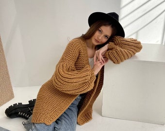 Coquette Chunky Knit Cardigan, Custom Long Oversized Wool Jacket, Balloon Sleeve Cardigan, Mother Daughter Gift, Woman Bulky Sweater