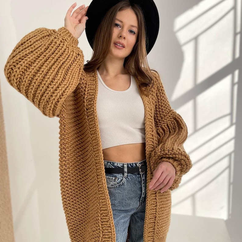 Chunky Knit Cardigan Knitting Pattern Balloon Sleeve Etsy