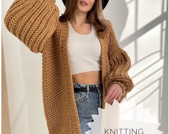 Chunky Cardigan Pattern PDF, Oversized Long Cardigan with Video Tutorial, DIY Knit Jacket for Beginners and Gift for Knitters
