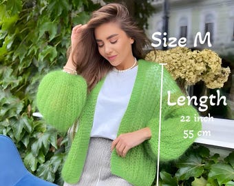 Green Oversized Cardigan, Knitted Mohair Bomber Jacket
