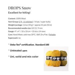May include: Three skeins of DROPS Snow yarn in yellow, mustard, and olive green. Each skein features a black label with a polar bear illustration and the text DROPS SNOW. The product information lists 100% wool content, 50 g weight, and 9 mm needle size.